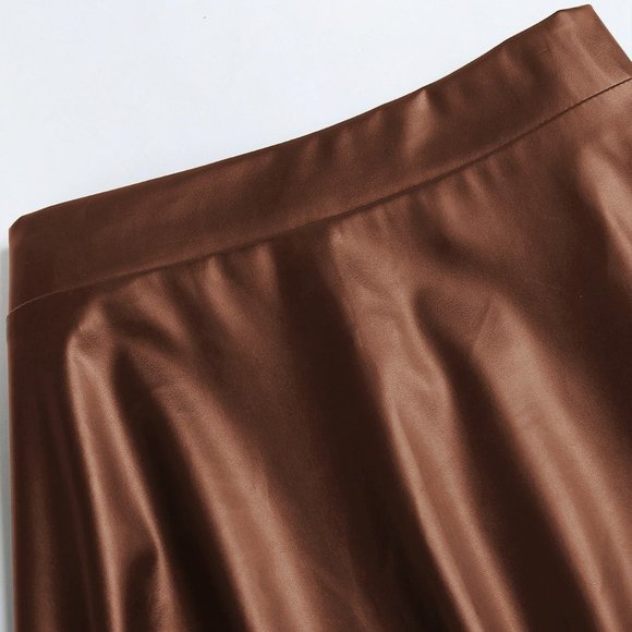 Coffee Brown Preppy Womens Plus Solid PU Leather Flare Skirt - Picture 5 of 5